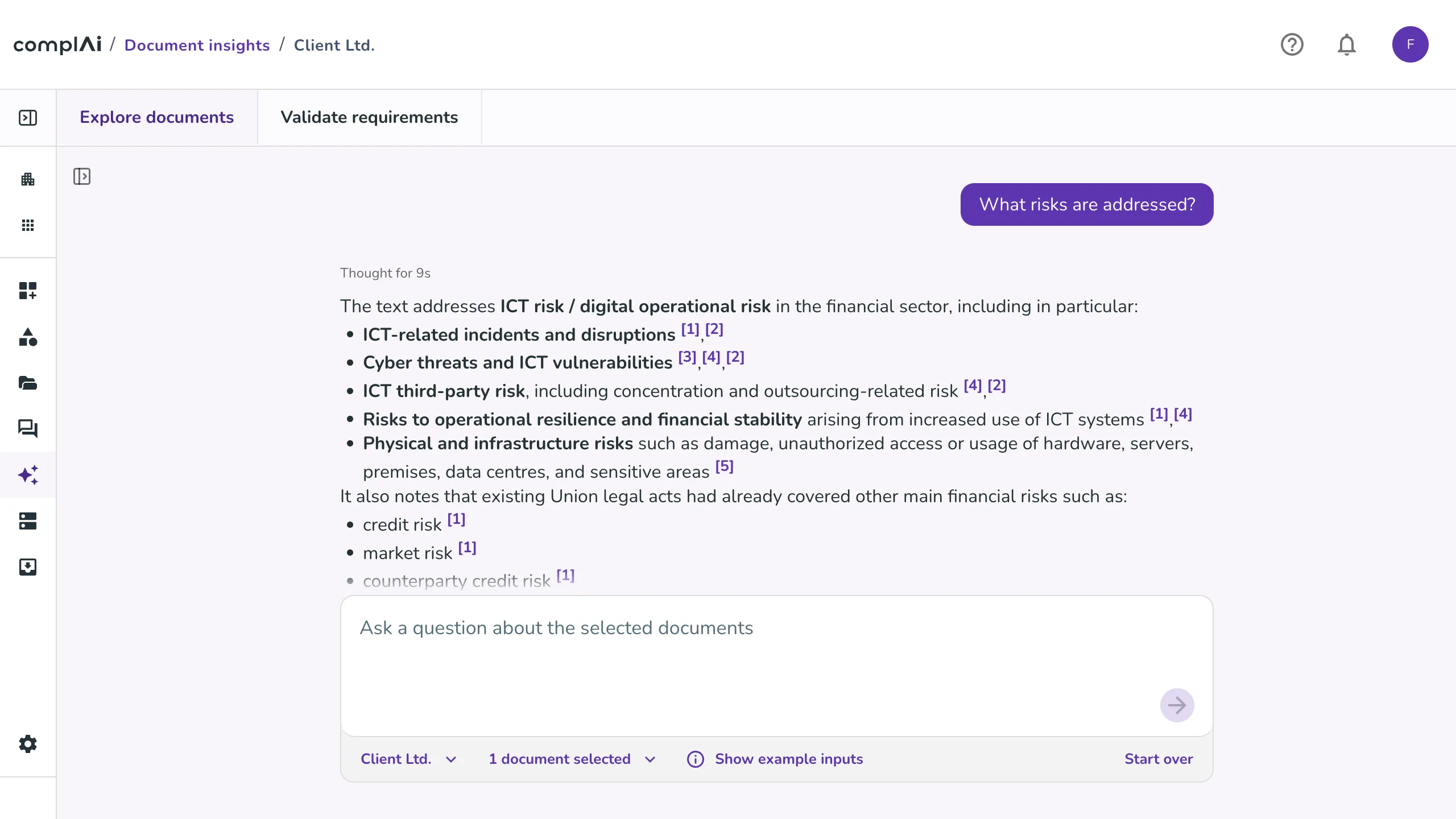 Document insights: a question about the selected documents, answered with citations to the source.