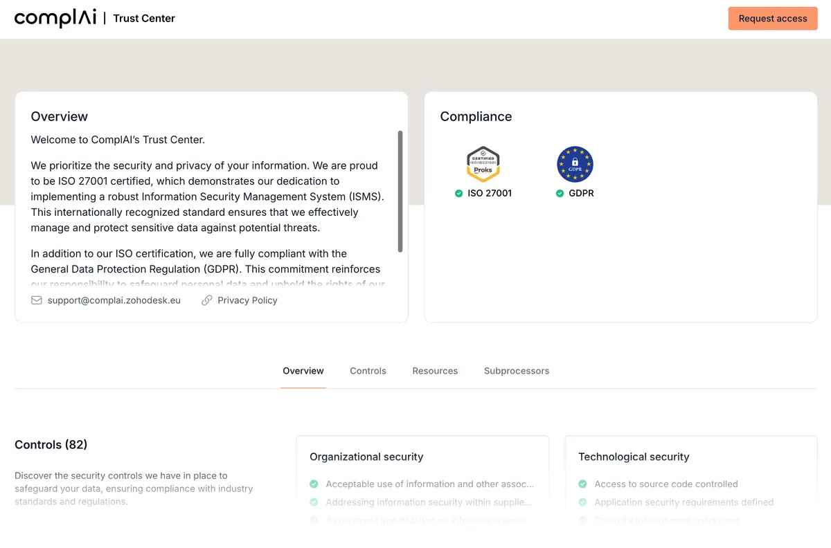 The ComplAi Trust Center: overview, ISO 27001 and GDPR, controls